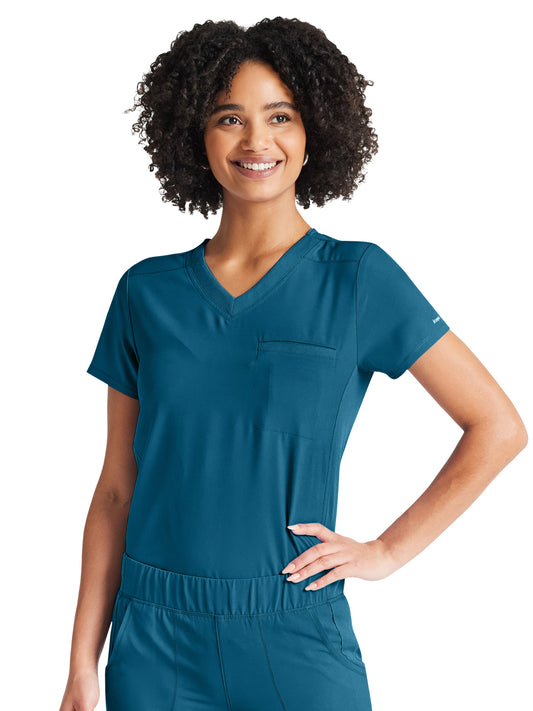 Women's 2-Pocket Tuckable V-Neck Top - IP600A - Caribbean Blue