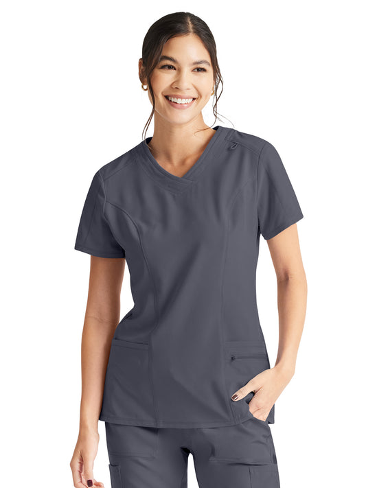 Women's 4-Pocket V-Neck Top - IP727A - Pewter