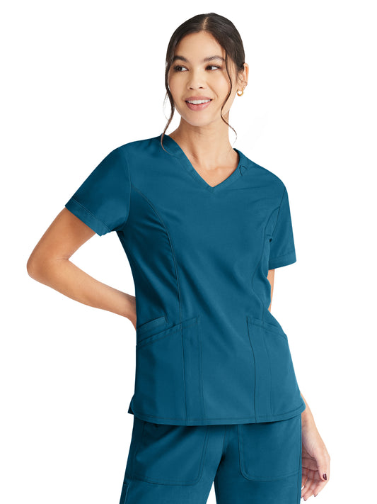Women's 3-Pocket V-Neck Top - IP790A - Caribbean Blue