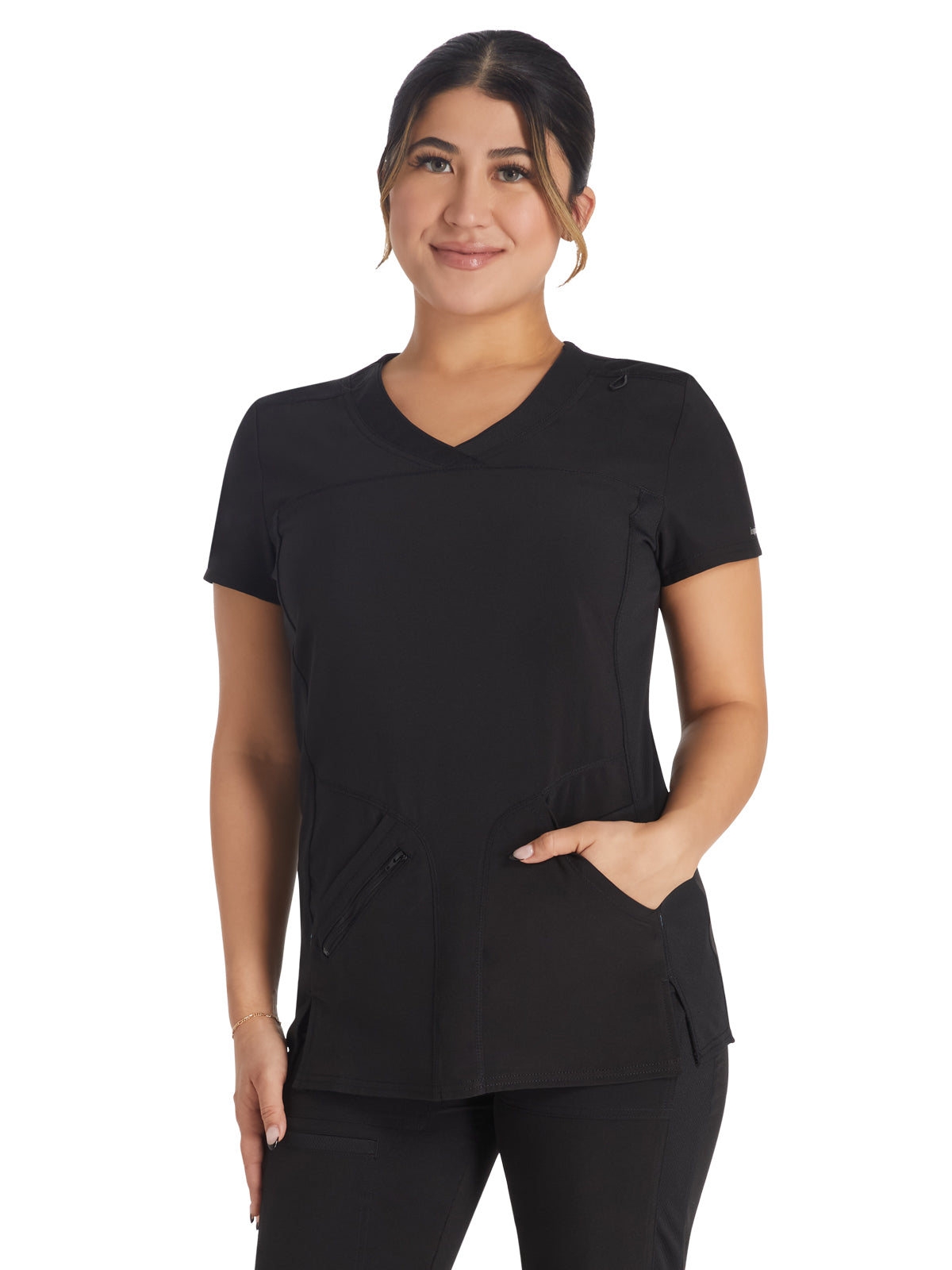 Women's 4-Pocket Cross-Over V-Neck Top - IP845A - Black