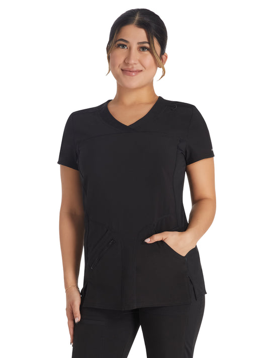 Women's 4-Pocket Cross-Over V-Neck Top - IP845A - Black