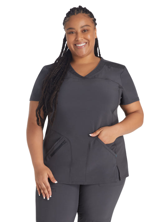 Women's 4-Pocket Cross-Over V-Neck Top - IP845A - Pewter