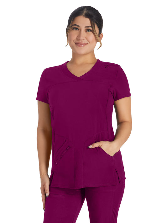 Women's 4-Pocket Cross-Over V-Neck Top - IP845A - Wine