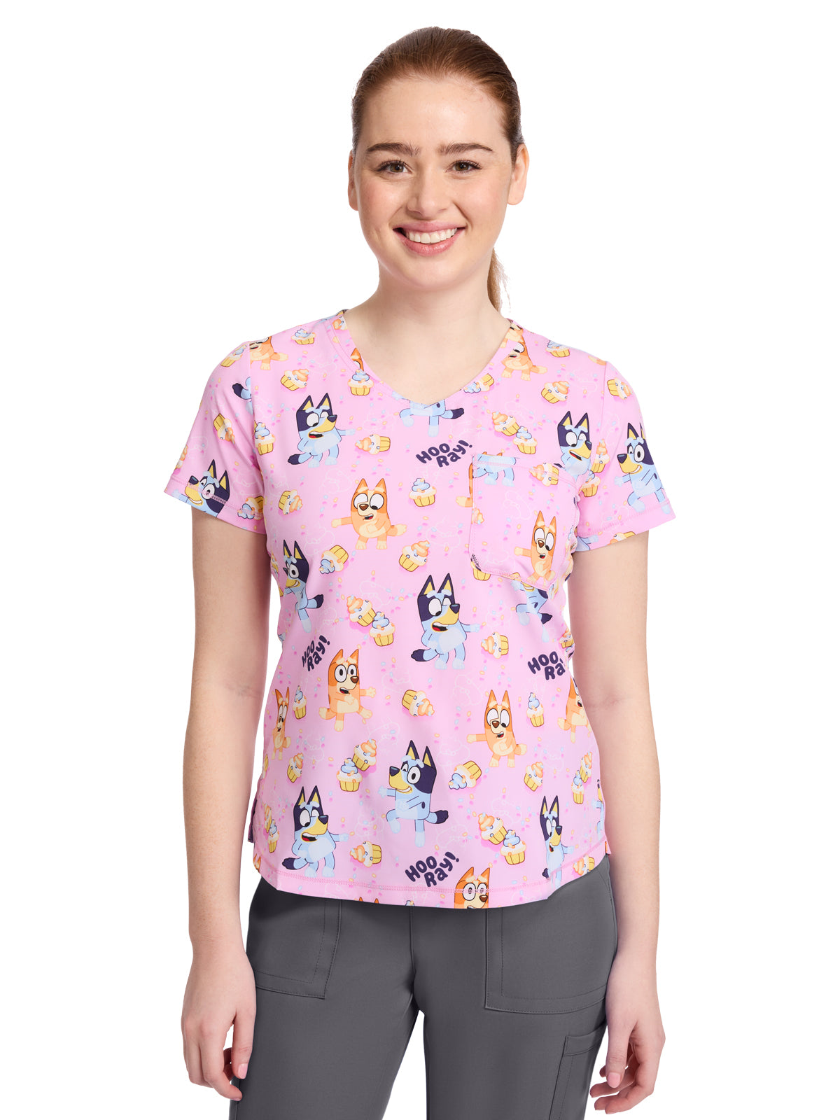 Women's Rounded V-Neck Print Top - TF786 - Hooray Cupcakes