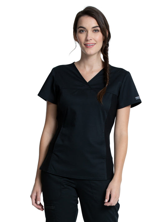 Women's 1-Pocket V-Neck Knit Panel Top - WW2875 - Black