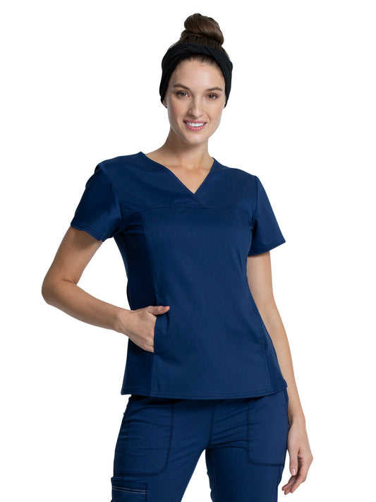 Women's 1-Pocket V-Neck Knit Panel Top - WW2875 - Navy