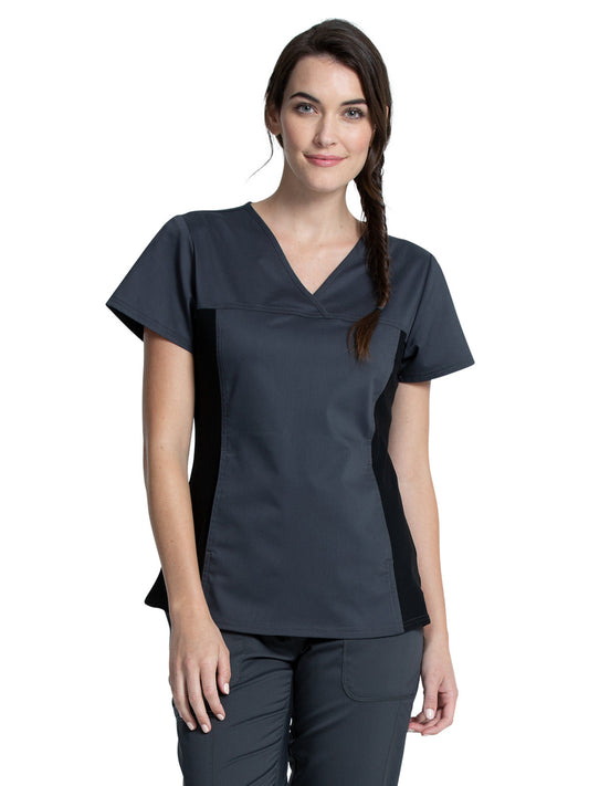 Women's 1-Pocket V-Neck Knit Panel Top - WW2875 - Pewter