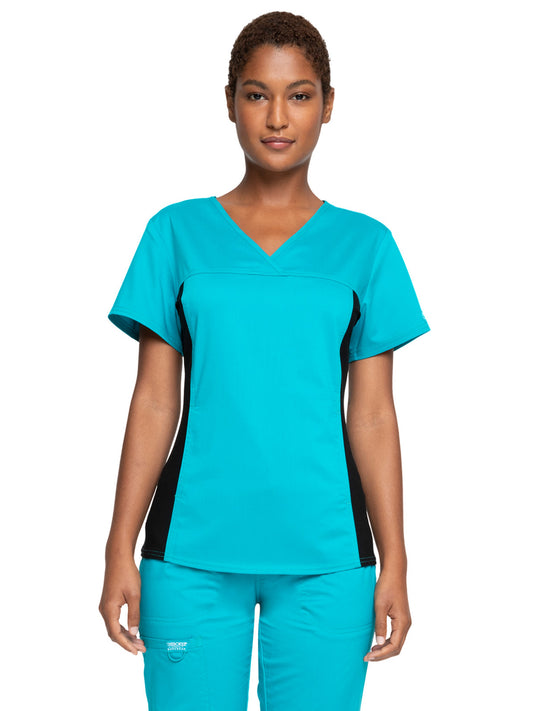 Women's 1-Pocket V-Neck Knit Panel Top - WW2875 - Teal Blue