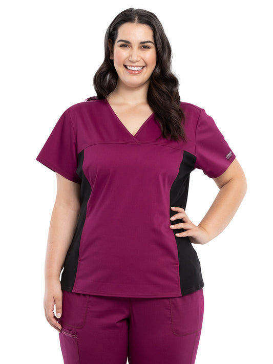 Women's 1-Pocket V-Neck Knit Panel Top - WW2875 - Wine
