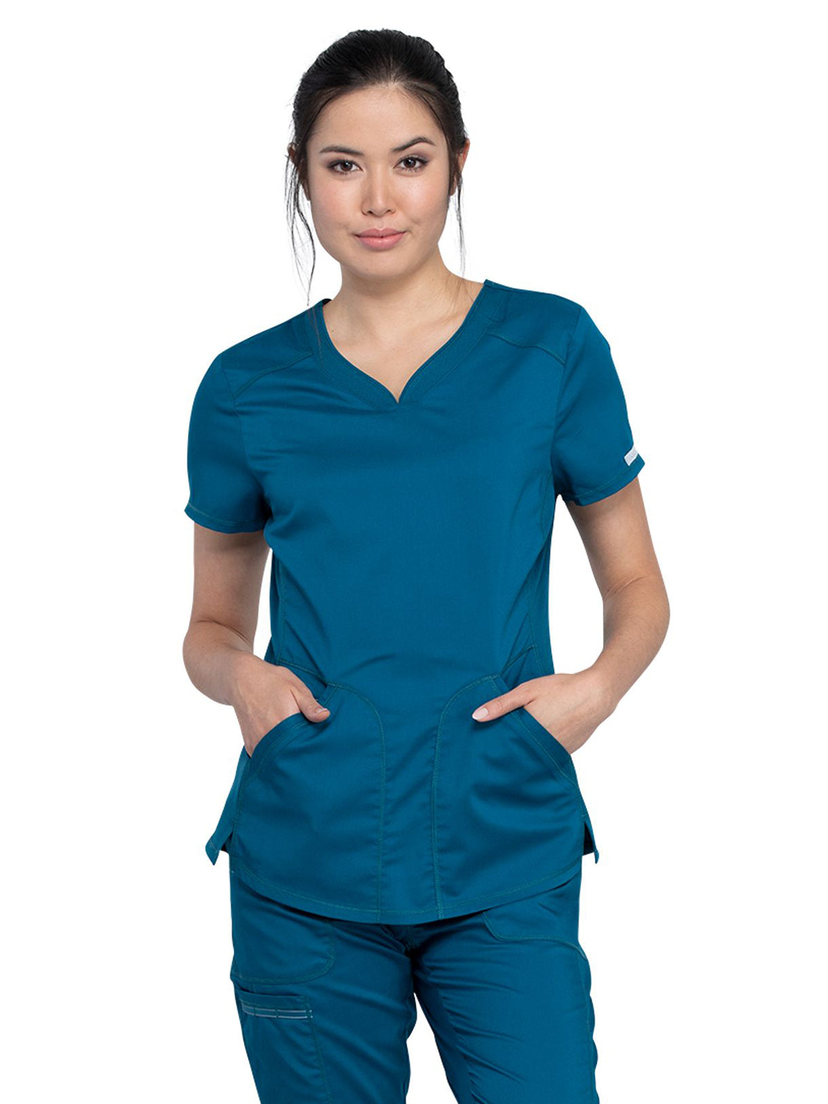 Women's 2-Pocket V-Neck Top - WW601 - Caribbean Blue