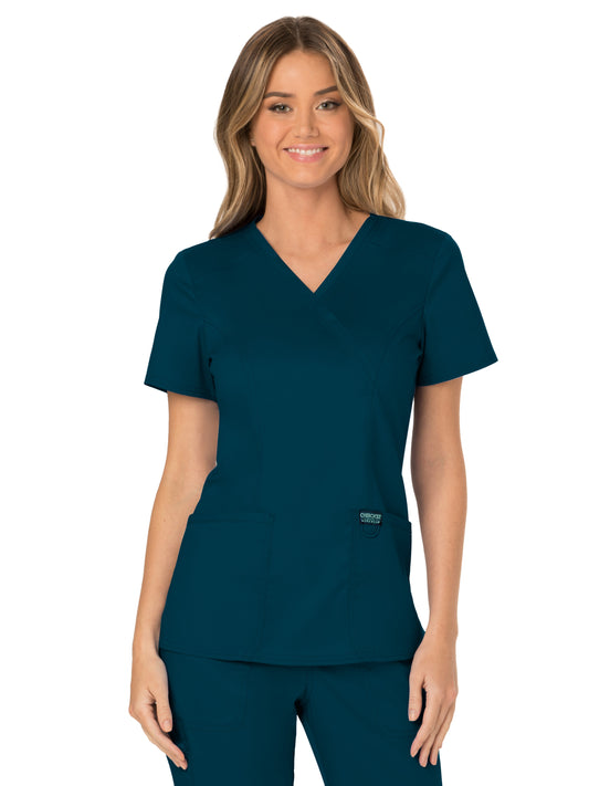 Women's 2-Pocket Mock Wrap Top - WW610 - Caribbean Blue