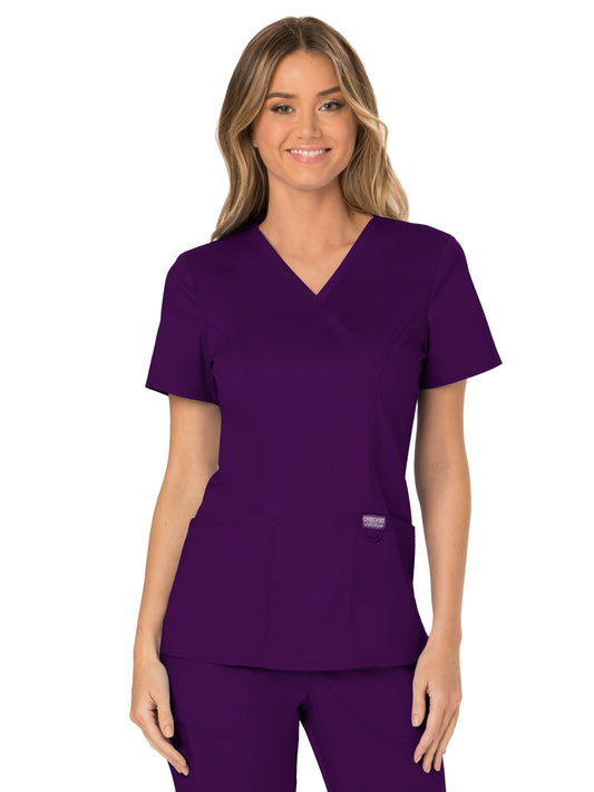 Women's 2-Pocket Mock Wrap Top - WW610 - Eggplant