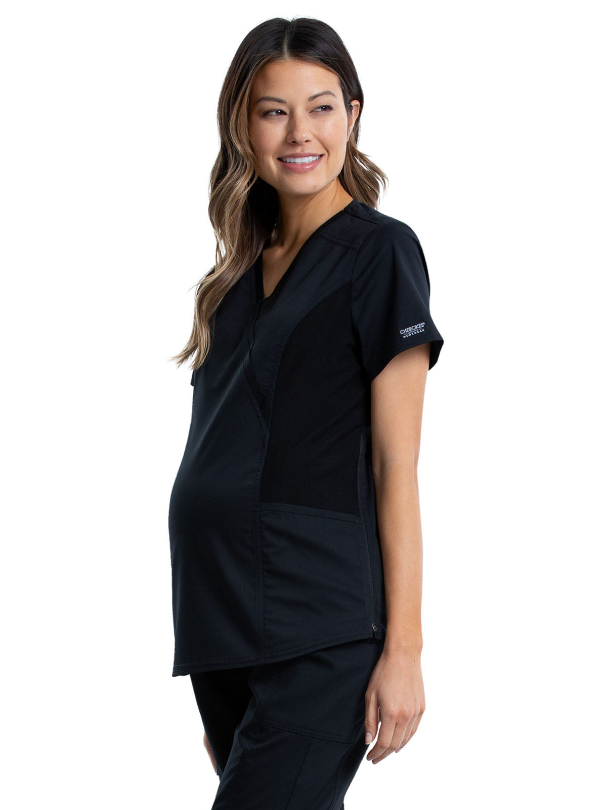 Women's 2-Pocket Maternity Mock Wrap Top - WW688 - Black