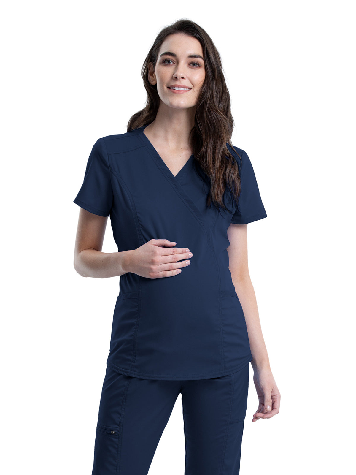 Women's 2-Pocket Maternity Mock Wrap Top - WW688 - Navy