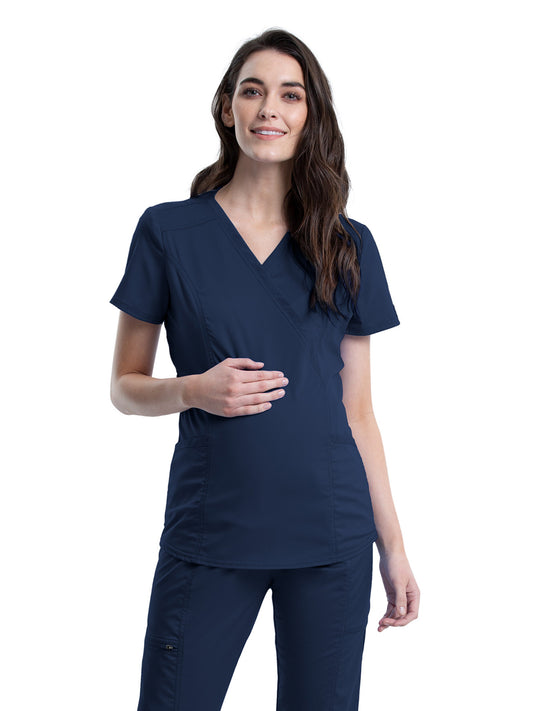 Women's 2-Pocket Maternity Mock Wrap Top - WW688 - Navy