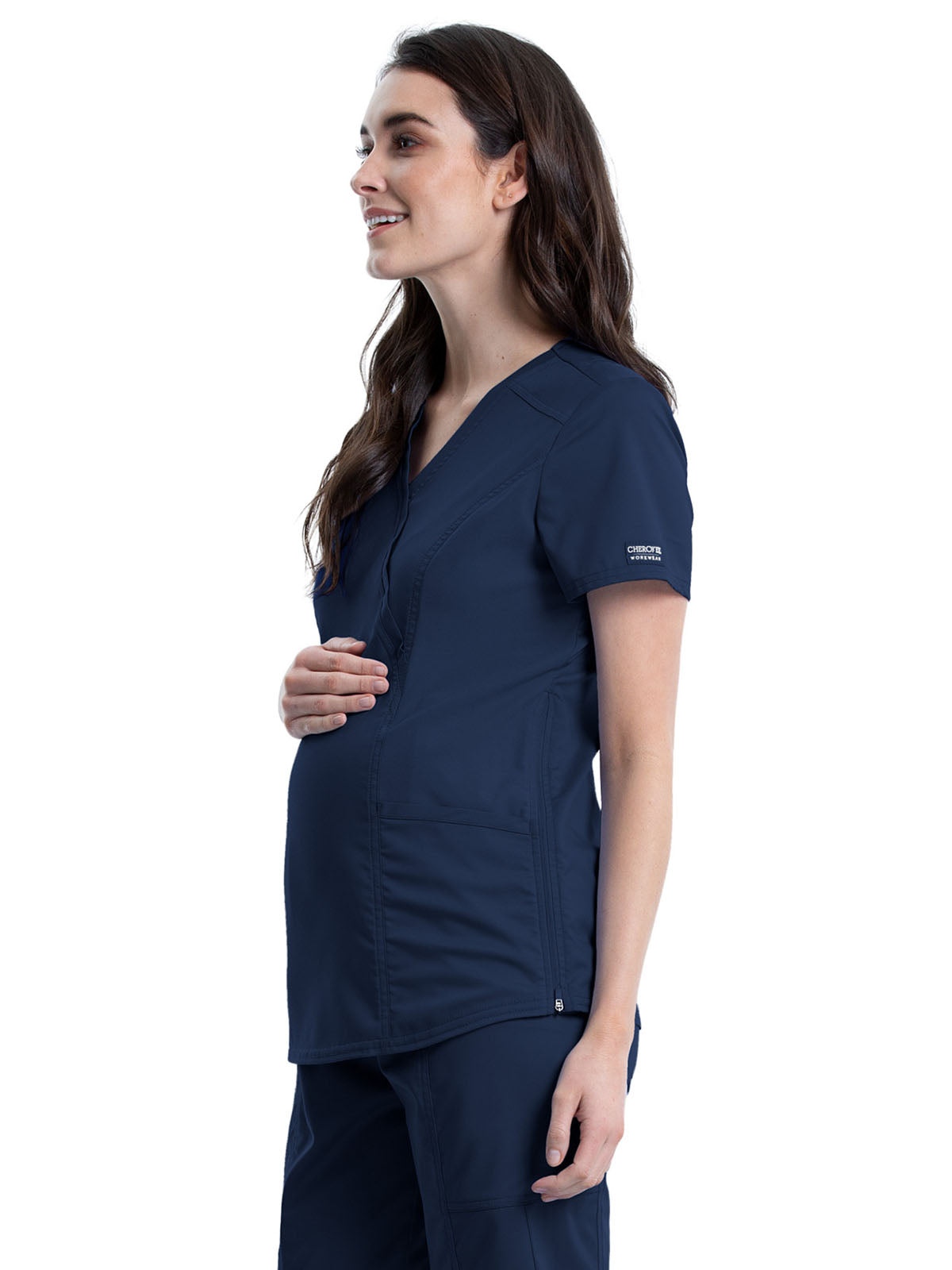 Women's 2-Pocket Maternity Mock Wrap Top - WW688 - Navy