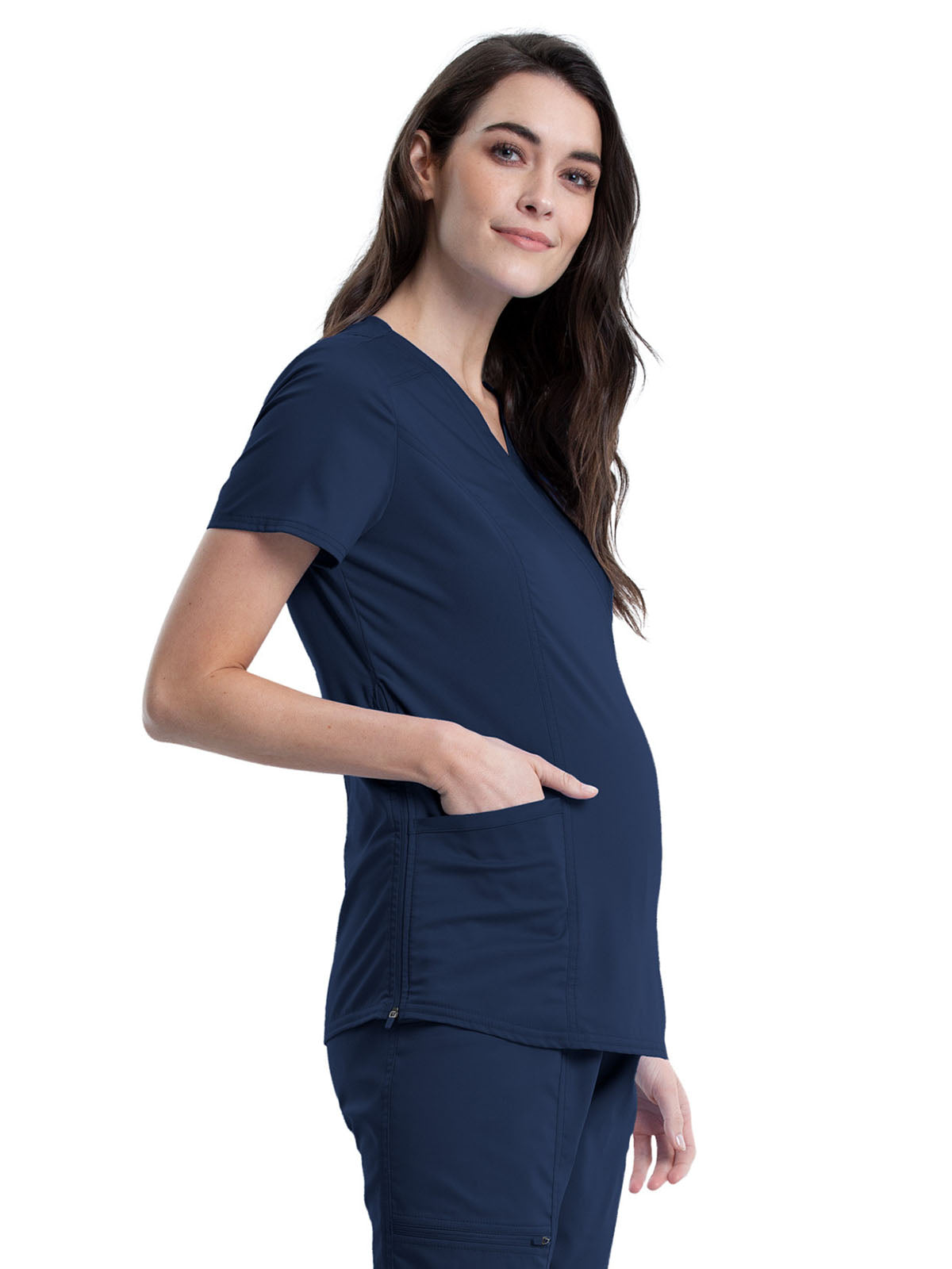 Women's 2-Pocket Maternity Mock Wrap Top - WW688 - Navy
