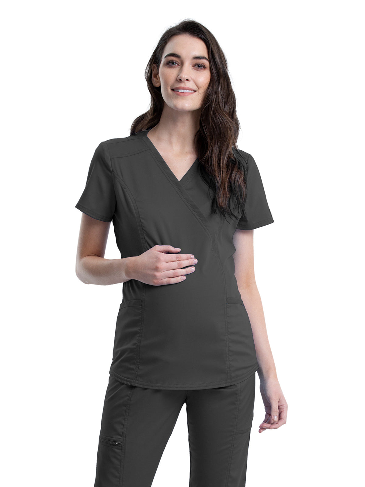 Women's 2-Pocket Maternity Mock Wrap Top - WW688 - Pewter