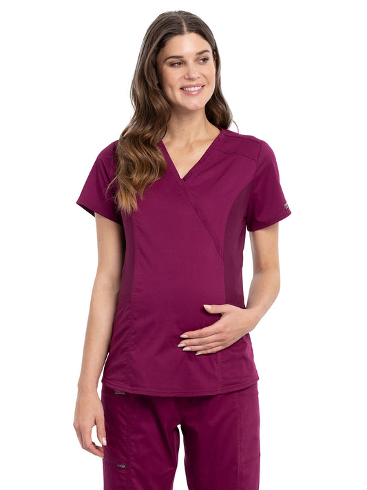 Women's 2-Pocket Maternity Mock Wrap Top - WW688 - Wine