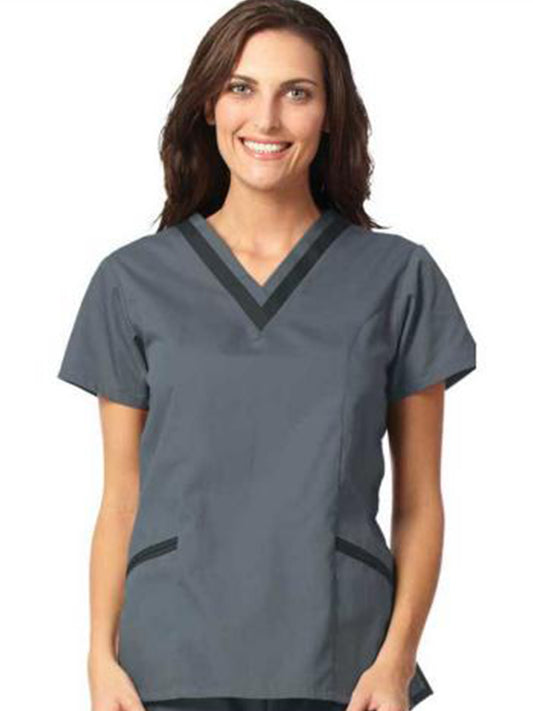 Women's Double V-Neck Tunic - 7579 - Pewter w/ Black