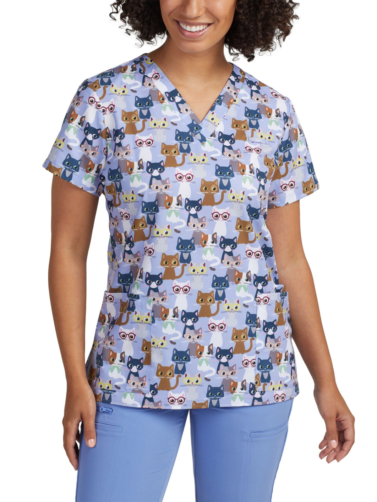 Women's 3-Pocket V-Neck Printed Top - 618 - Curious Cats