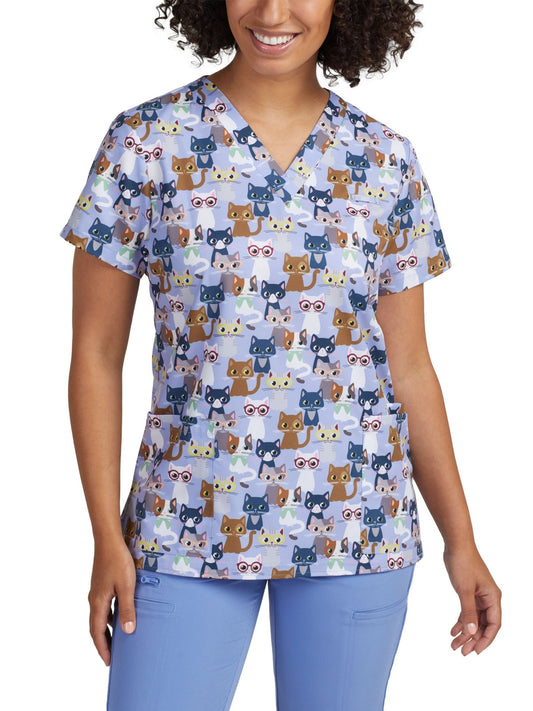 Women's 3-Pocket V-Neck Printed Top - 618 - Curious Cats