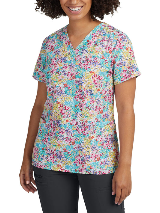 Women's 3-Pocket V-Neck Printed Top - 618 - Flower Meadow