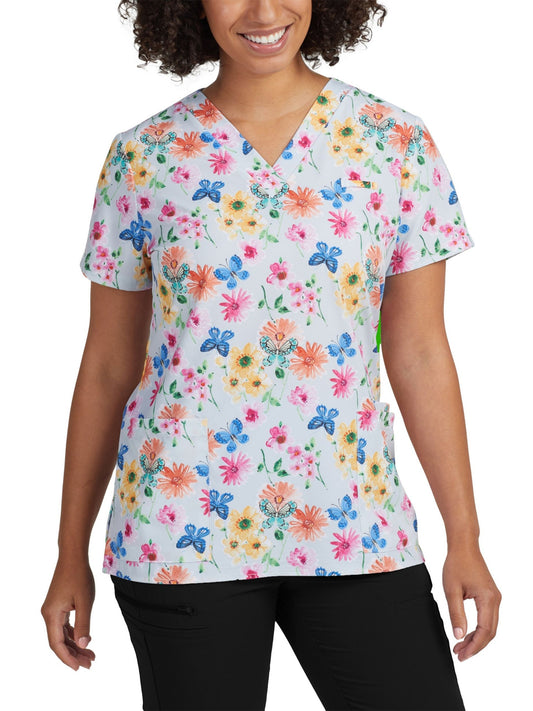 Women's 3-Pocket V-Neck Printed Top - 618 - Garden Tea