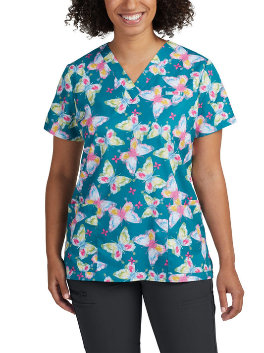 Women's 3-Pocket V-Neck Printed Top - 618 - Painted Butterflies