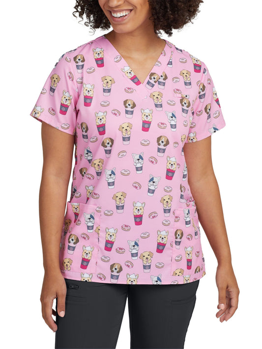 Women's 3-Pocket V-Neck Printed Top - 618 - Pupaccino Brunch WC