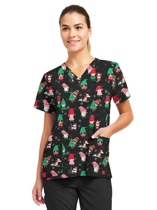Women's 3-Pocket V-Neck Printed Top - 618 - Santa's Helpers