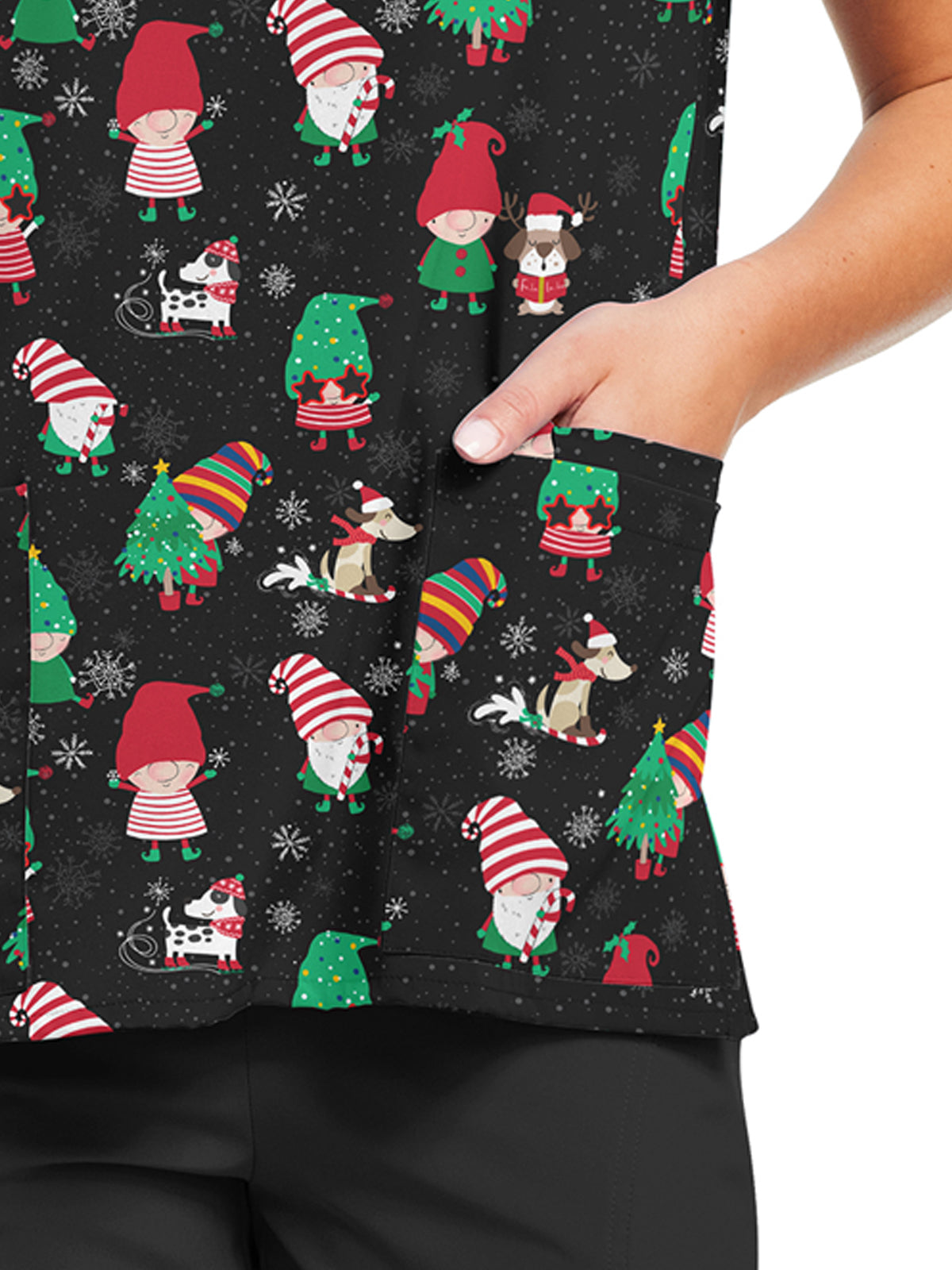 Women's 3-Pocket V-Neck Printed Top - 618 - Santa's Helpers