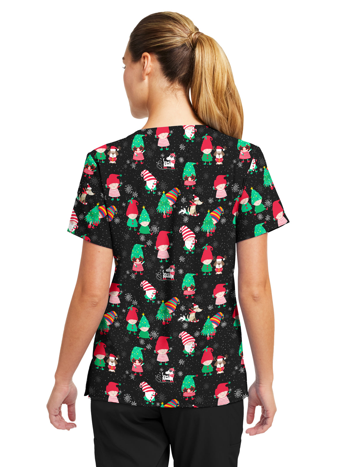 Women's 3-Pocket V-Neck Printed Top - 618 - Santa's Helpers
