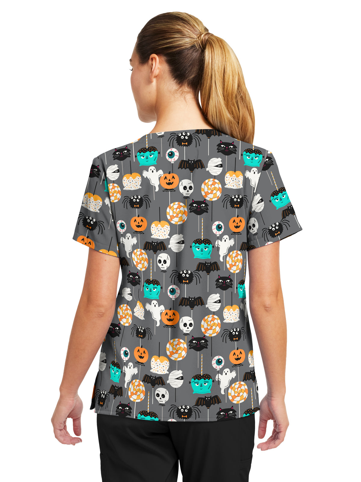 Women's 3-Pocket V-Neck Printed Top - 618 - Spooky Lollipops