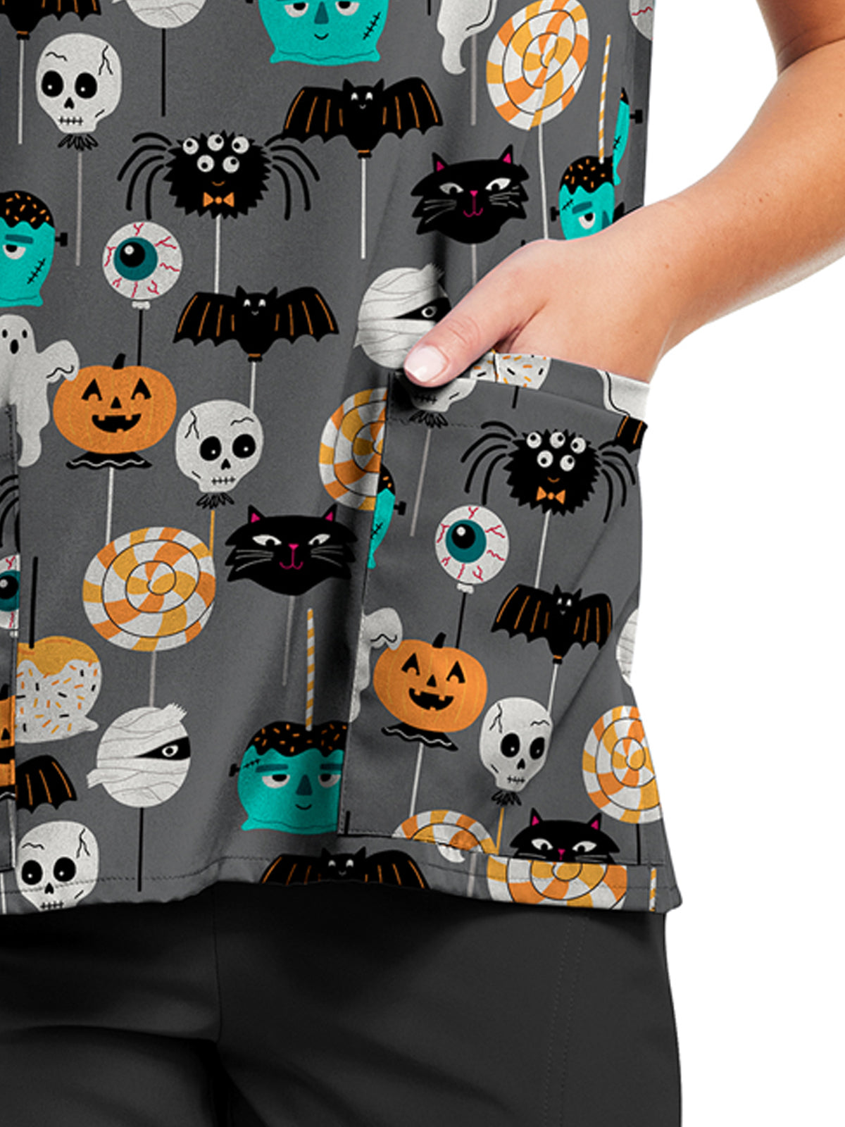 Women's 3-Pocket V-Neck Printed Top - 618 - Spooky Lollipops