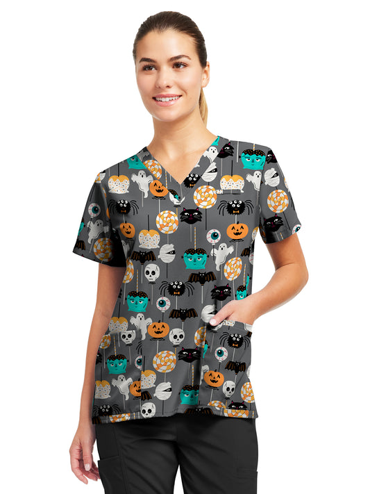 Women's 3-Pocket V-Neck Printed Top - 618 - Spooky Lollipops