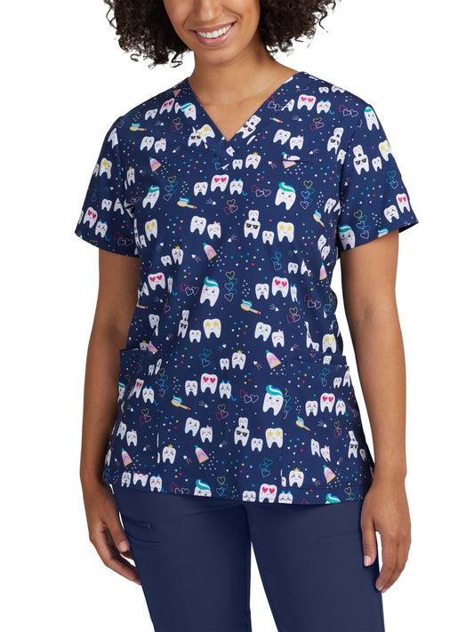 Women's 3-Pocket V-Neck Printed Top - 618 - Too Cool Dental