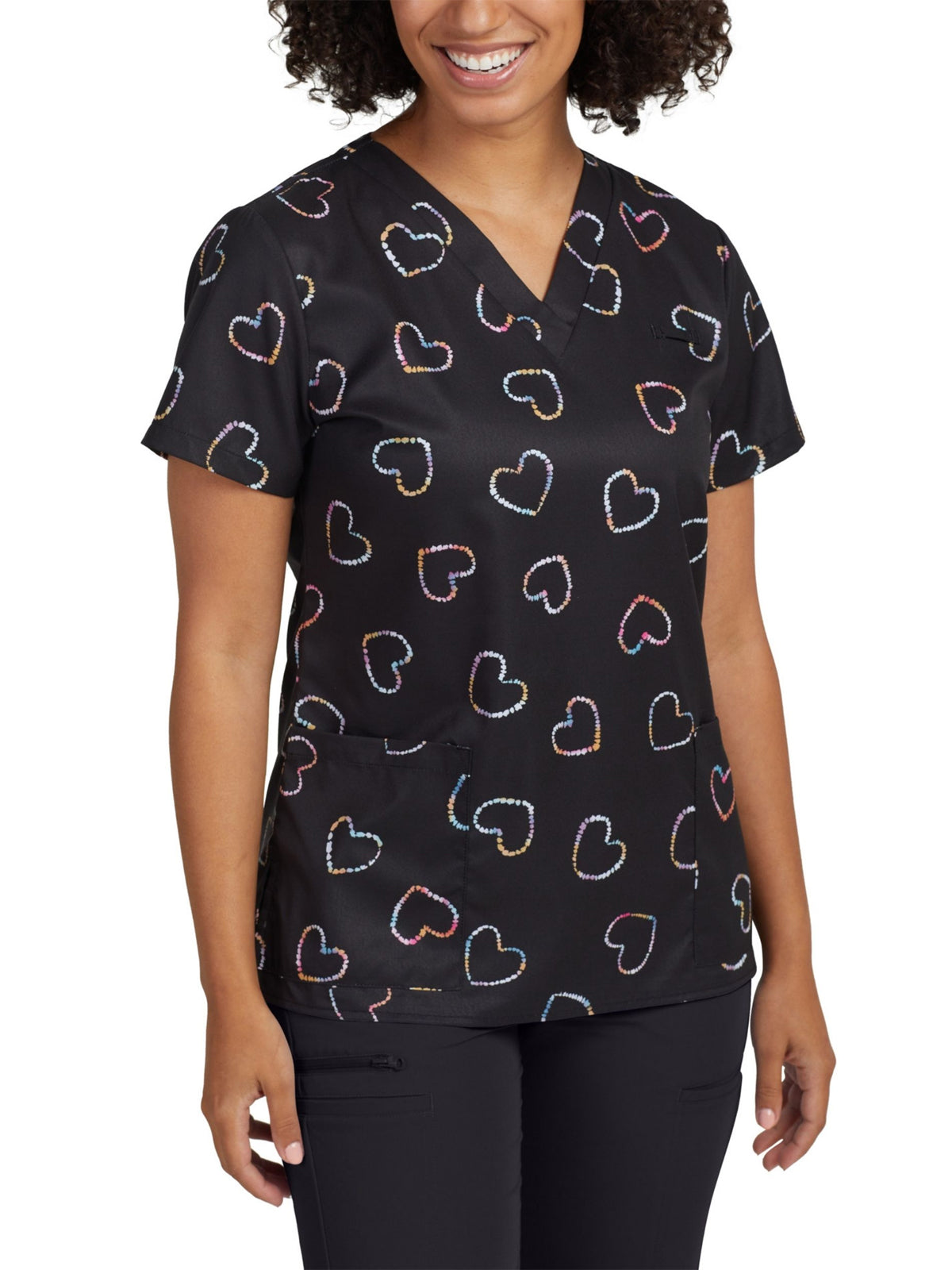 Women's 3-Pocket V-Neck Printed Top - 618 - Tie-Dye Hearts