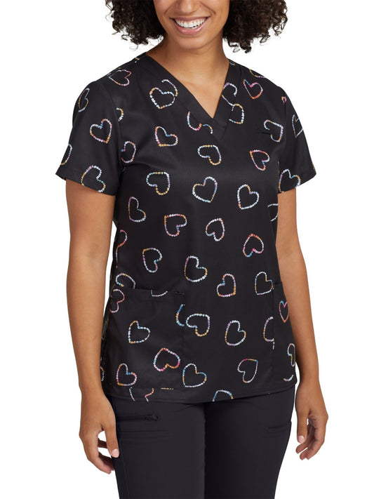 Women's 3-Pocket V-Neck Printed Top - 618 - Tie-Dye Hearts
