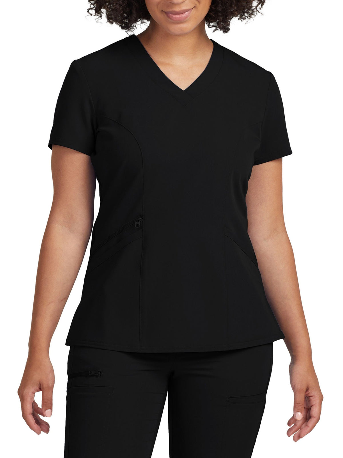Women's 3-Pocket Princess Seams V-Neck Top - WT134 - Black